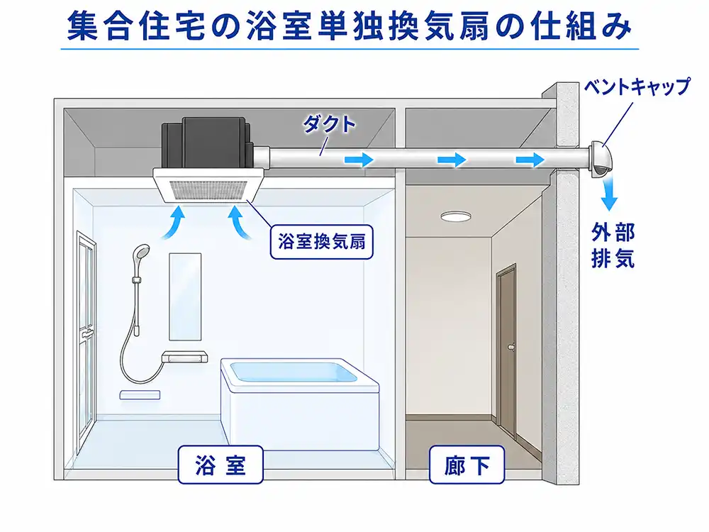 集合住宅の浴室単独換気扇の構造イラスト