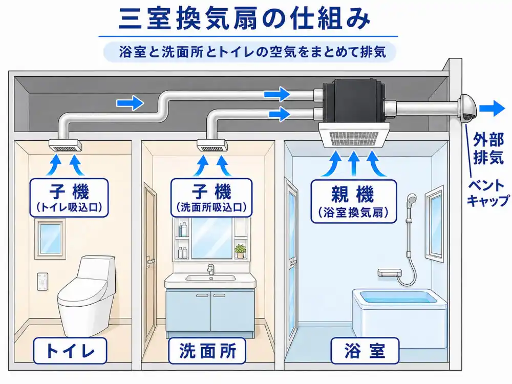 浴室・洗面所・トイレの3室換気扇の構造イラスト