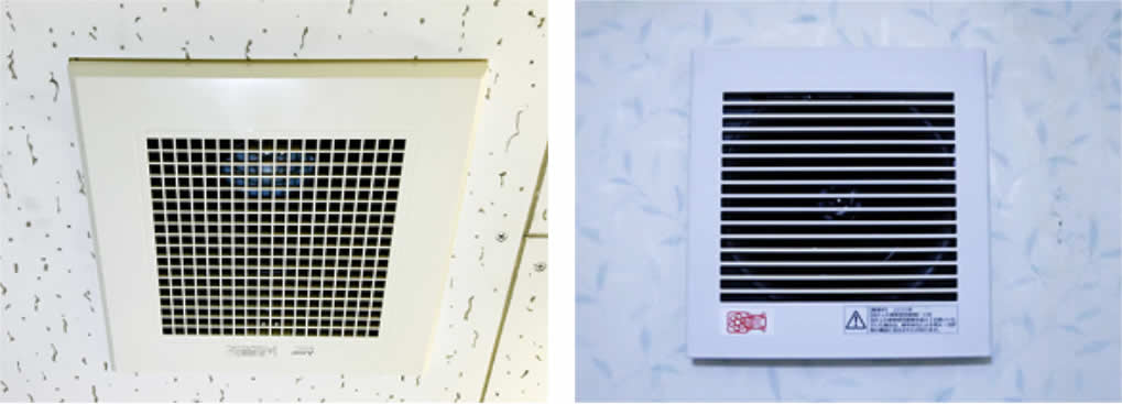 浴室やトイレで使われる、天井埋め込み型の換気扇と壁掛け型のパイプファンの2種類の写真