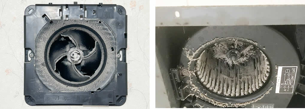 ホコリがびっしりと付着した壁掛け型のパイプファンと天井埋め込み型のシロッコファンの写真