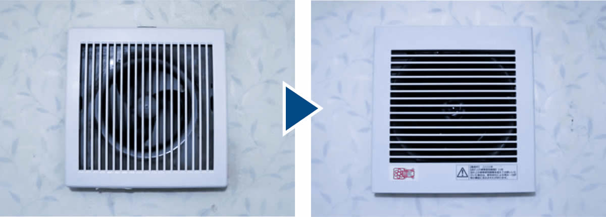 戸建てトイレの壁に取り付けられた古いパイプファンを、パナソニック製FY-08PD9Dへ交換した前後の比較写真
